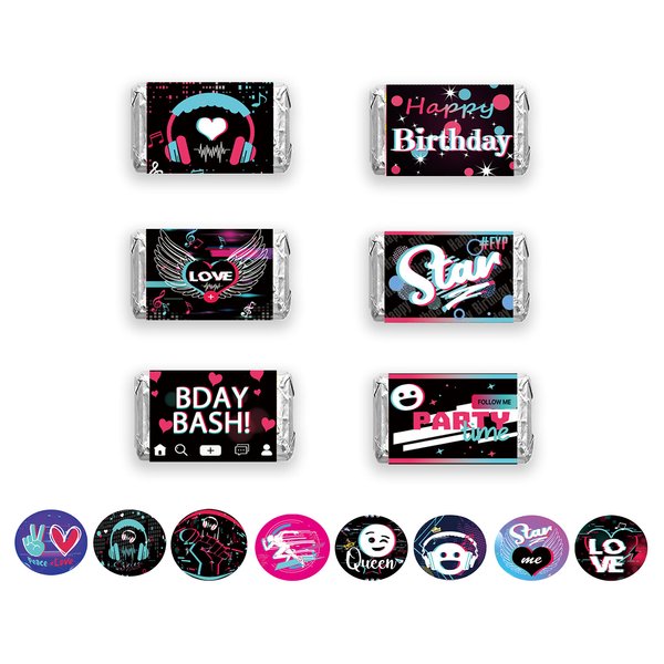 TIK Music Birthday Party Supplies,90 Pieces TIK Music Candy Wrappers,240 Pieces Favors Stickers Mini Kisses Candy Stickers Chocolate Drop Labels Wrappers.
