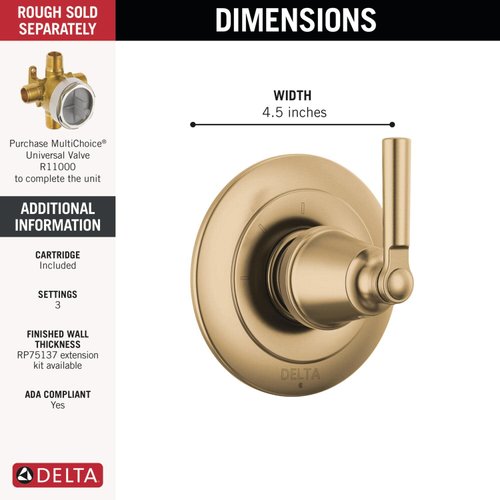 Delta Faucet Saylor Gold 3-Setting Shower Handle Diverter Trim Kit, Diverter Valve Trim Kit, Shower Diverter Kit, Champagne Bronze T11835-CZ (Valve Not Included)