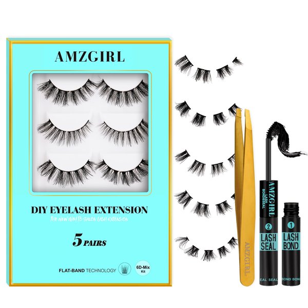 Eyelash Extension Kit,DIY 5 Pairs Lash Extension Kit with Lash Bond and Seal,Eyelashes Clusters Kit Lash Applicator Tool for Lashes Extensions Kit by AMZGlRL(D-Mix Kit)