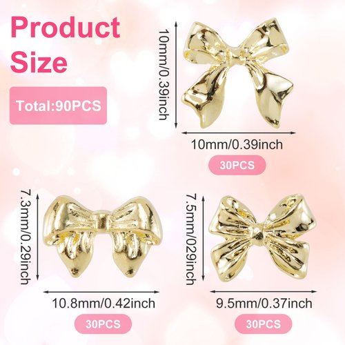 HINZIC 90Pcs Gold Bow Nail Charm 3 Styles Bowknot Nail Bows Glitter Acrylic Pearls Kawaii Valentines Wedding Prom Decoration for Women Girls Mobile Phone Scrapbook Envelope Hair Clips Cards Making