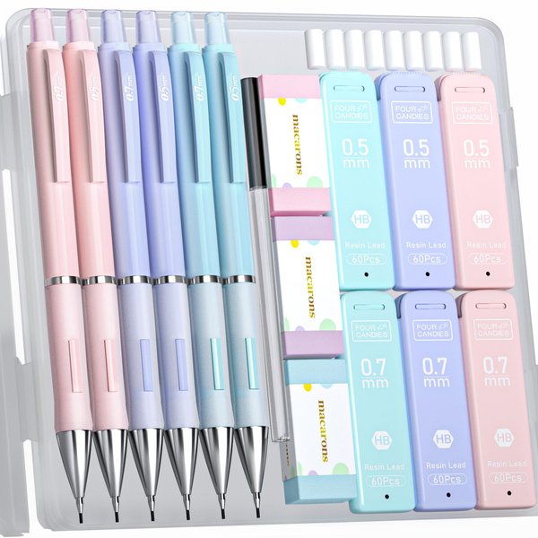 Four Candies Pastel Mechanical Pencil Set - 6PCS 0.5 mm & 0.7mm Pencils with 360PCS HB #2 Lead Refills, 3PCS Erasers and 9PCS Eraser Refills, Cute School Supplies Stuff for Student Writing Drawing