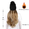 Qlenkay Beanie Hat with Long Wavy Curly Hair Extensions Knit Khaki Cap Attached 20inch Synthetic Wig Detachable Hairpiece Warm Pom for Women Winter Ash Blonde Mix Bleach Blonde