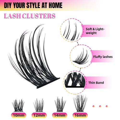 Lash Clusters 72Pcs Cluster Lashes D Curl Cluster Eyelash Extensions Mix10-16mm Individual Eyelashes Clusters Wispy DIY Eyelash Extension Thin Band For Makeup at Home by W(Lover D mix 10-16mm kit)