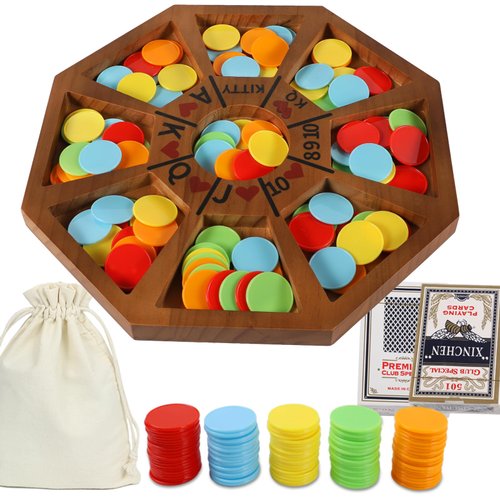 COMSREV Michigan Rummy Game Luxury Set Royal Hearts Rummy Poker Wooden Tripley Board Game Bravado Game Classic Family Card Game 100 Chips 2 Playing Cards (Small Octagon, Walnut Color)