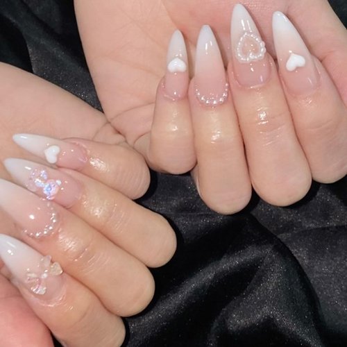Press on Nails Medium Almond SWEKKE French Fake Nails White Gradient Full Cover Little Bear Bow Charm False Nails with Designs Heart Pearl Glossy Glue on Nails Artificial Nails for Women Girls 24Pcs