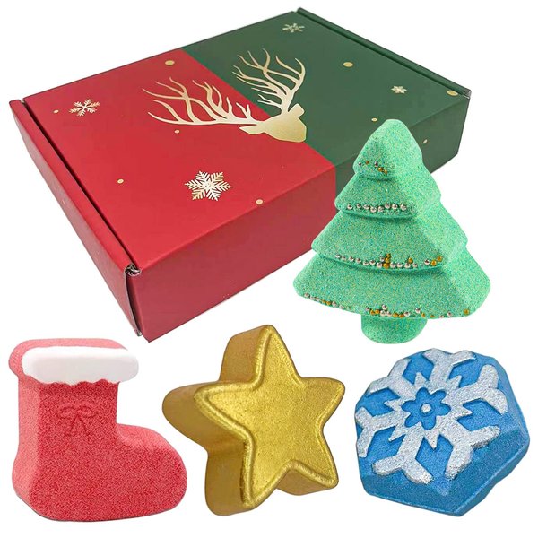 4 Pcs Christmas Bath Bombs for Kids, Christmas Gift Handmade Bubble Bath Bomb, Christmas Tree Socks Snowflakes Stars, Boys and Girls Christmas Gift Bath Bombs Gift Box Set