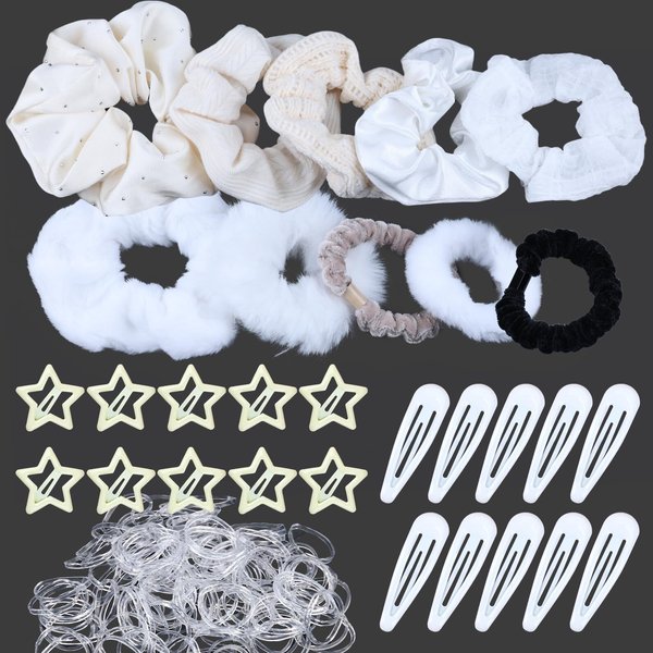 editTime Winter Fashion 10 pcs Velvet Elastic Hair Bands and 20 pcs Y2K Snap Star and Drops Hair Barrettes Clips with 100pcs Mini Rubber Bands for Women and Grils (white)