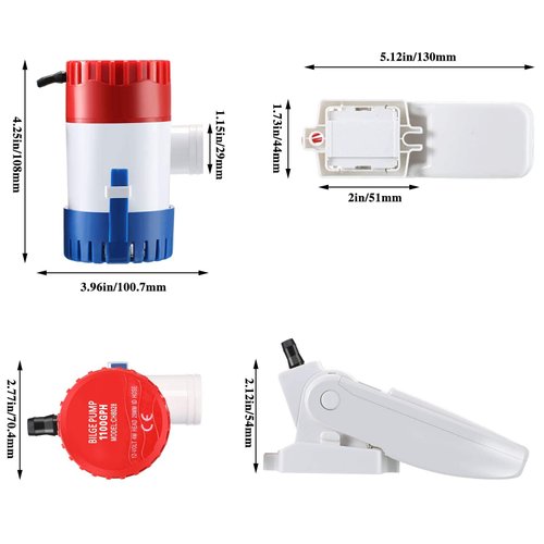 Boat Bilge Water Pump 12 V 1100 GPH Electric Marine Bilge Pump and Automatic Boat Bilge Pump Float Switch 12 V 24 V 32 V for Boats, 2 Pieces in Total