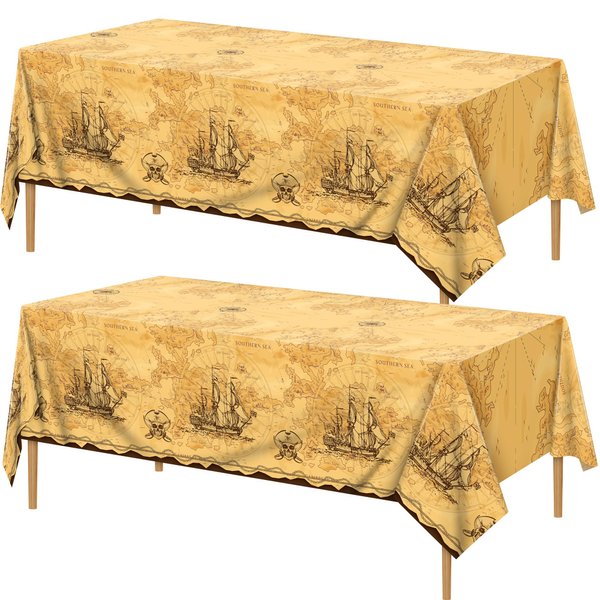 durony 2 Pack Pirate Party Tablecloth Plastic Treasure Map Tablecover Disposable Pirate Table Covers Pirate Nautical Party Supplies for Treasure Theme Birthday Party, Pirate Party Decorations