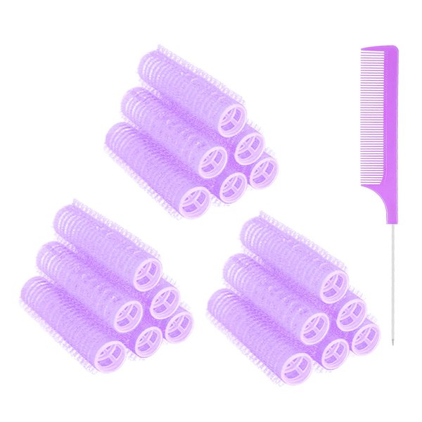 MOODKEY 18PCS Self Grip Small Hair Curlers Heatless Roller Hair Curlers Pro Salon Hairdressing Curler DIY Curly Hairstyle Hair Rollers Tools Rat Tail Comb for Women Medium Short Hair(Purple)