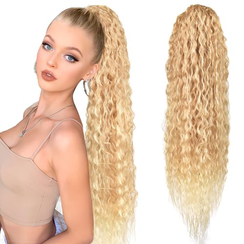 BHF 32" +30” Organic Ponytail Extension Long Curly Drawstring Black Hair Extensions Pony tails Extra Long Clip in Hairpieces for Women (6.7OZ) (30 inch, MT27/613#)