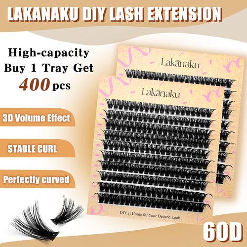 LAKANAKU Lash Clusters Wispy Fluffy Cluster Eyelash Extensions,400 PCS Individual Lashes Cluster 60D Diy Lash Extensions,10-16mm D Curl Lash Extension Clusters, Thin Band Volume Lash Clusters at Home