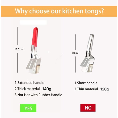 Anti-Scald Extended Handle Spatula Tongs, 11.5 Inch Multifunctional Stainless Steel Cooking Tongs Food Flip Shovel Clamp for Steak Fish Bread Hamburger BBQ Frying Pancake Pies Pizza