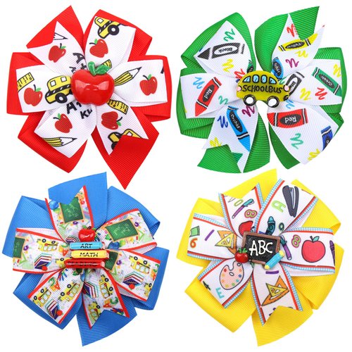 Whaline 4Pcs Back to School Bow Hair Clips Apple Book Blackboard School Bus Hair Bow Barrette Colorful Grosgrain Hairgrips Alligator Clips for First Day of School Kindergarten Hair Accessories