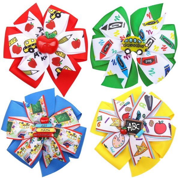 Whaline 4Pcs Back to School Bow Hair Clips Apple Book Blackboard School Bus Hair Bow Barrette Colorful Grosgrain Hairgrips Alligator Clips for First Day of School Kindergarten Hair Accessories