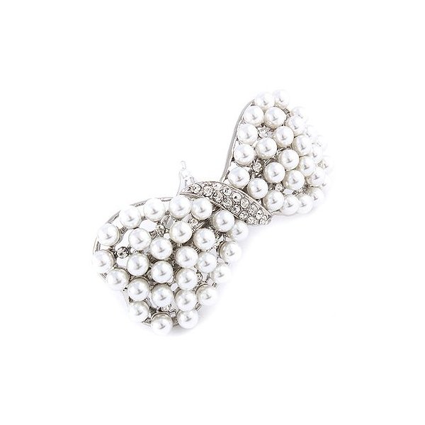 ACCESSORIESFOREVER Women Bridal Wedding Jewelry Crystal Pearl Stunning Ribbon Bow Hair Barrette Silver