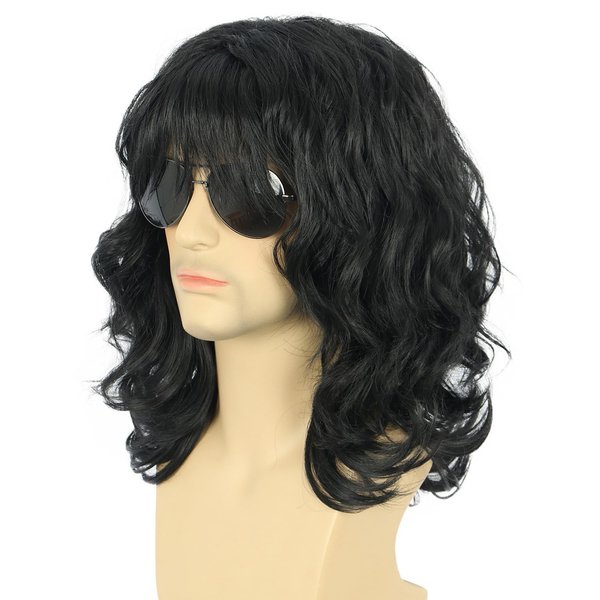 karlery California 70s 80s Rocker Wig Men Women Long Curly Black Halloween Costume Wig