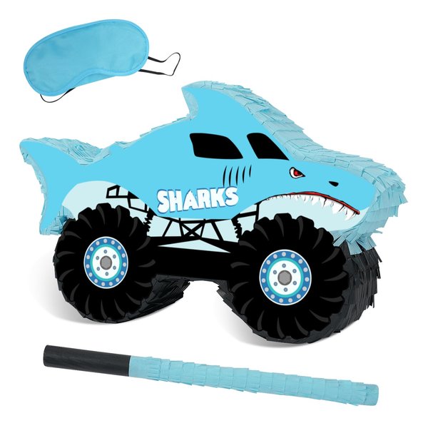 Shark Truck Pinata - Monster Truck Pinata with Blindfold and Bat for Kids Shark Monster Truck Theme Birthday Party Game Decorations (16.7”x10.2”x3”)