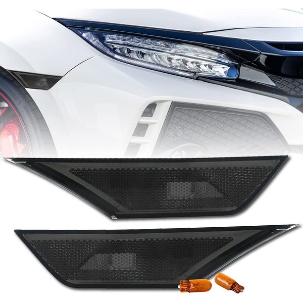 REVi MotorWerks DEPO Smoke Lens Front Bumper Side Marker Light Set + Amber Bulbs Included Compatible with 2016-2021 10th Gen Honda Civic 2D/4D/5D