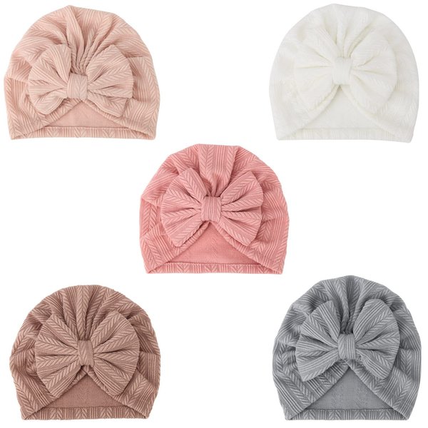 DRESHOW BQUBO 5 Pieces Newborn Baby Turban Hats Bow Baby Infant Beanie Breathable Toddler Cap for Baby Girls 3-12 Months
