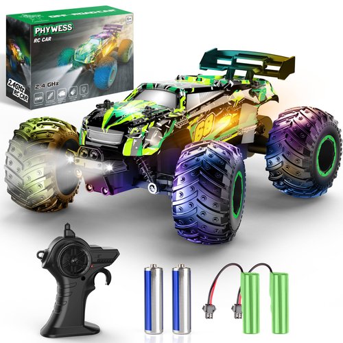 PHYWESS Remote Control Car, RC Cars Toys for Boys 5-7, Off Road Kids Toys for Girls, 2.4Ghz 20 KM/H Monster Truck Toys Cars Gifts for 6 Year Old Girl, RC Truck with Car Body Lights & Headlights