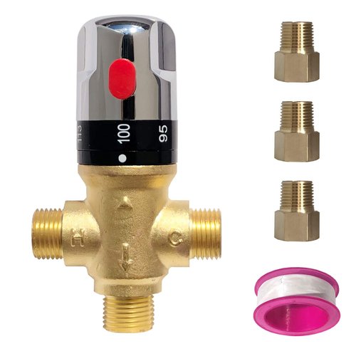 Thermostatic Mixing Valve with 1/2 NPT Male Connections,Water Temperature Control Valve,Solid Brass