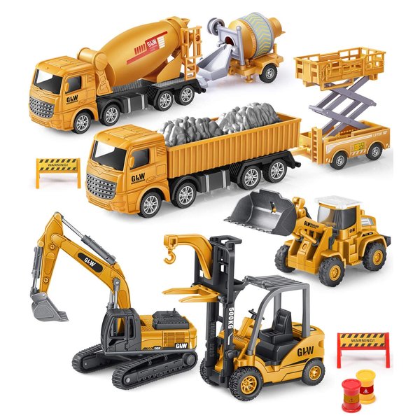 Geyiie Construction Vehicles Truck Toys, Construction Trucks Die Cast Alloy Truck Head, Tractor Trailer Excavator Dump Sandbox Gift for Toddlers Kids Boy