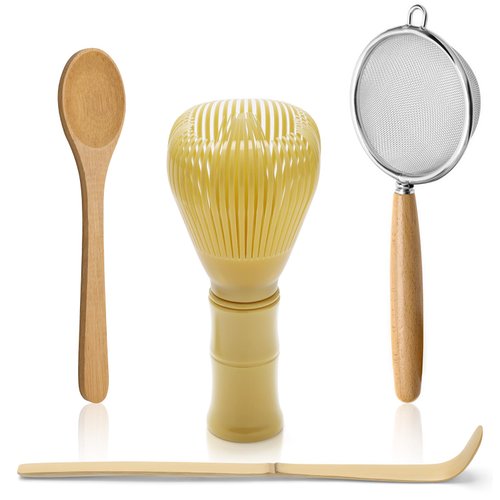Zhaoyao 4pcs Matcha Whisk Set - Resin Matcha Whisk, Bamboo Tea Scoop and Tea Spoon, Stainless Steel Sifter Matcha Set Durable Matcha Kit Easy to Clean Matcha Tea Set, Traditional Matcha Starter Kit