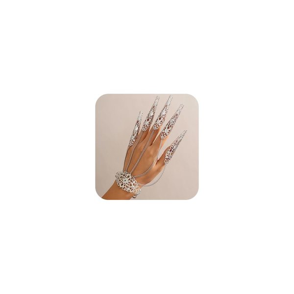 Denifery Finger Nail Tip Claw Rings Fingertip Claw Nail Rings Gothic Hollow Long Nails Finger Knuckle Claw Cosplay Vintage Costume Jewelry for Women (Silver)