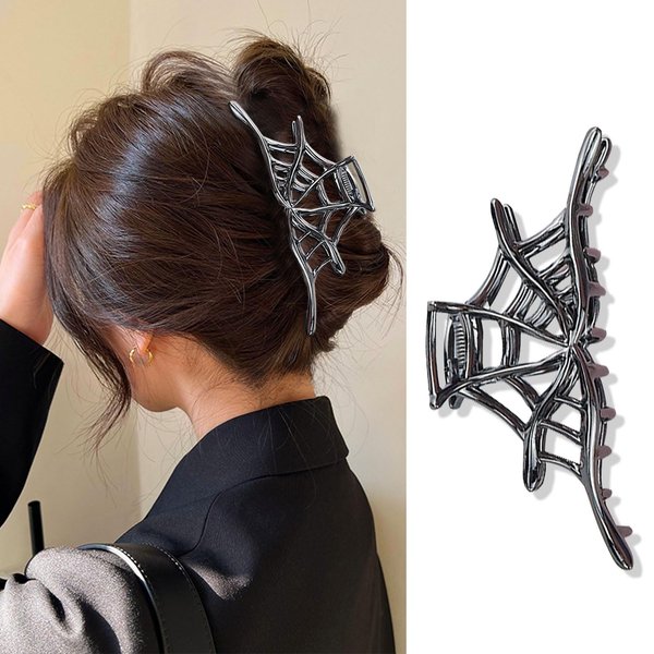 Halloween Hair Claw Clips Metal Black Spider Web Hair Jaw Clips Non Slips Claw Clips for Halloween Hair Accessories Supplies Fashion Exquisite Design Big Hair Clips for Women Girls 1Pcs