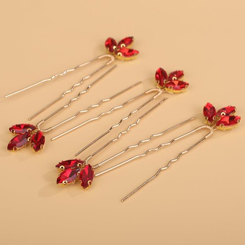 BERYUAN Wedding Hair Pins Bridal Crystal Rhinestone Hair Pins Green and Red Rhinestone Wedding Headpiece Gold Rhinestone Hair Pins for Wedding Women(5pcs) (red)