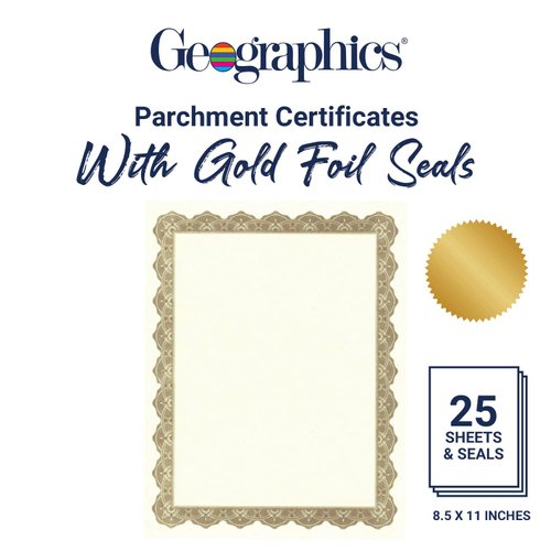 Geographics Optima Gold Blank Award Certificate Paper with Gold Foil Seals, 8.5 x 11", Seal 1.75" (Pack of 25)