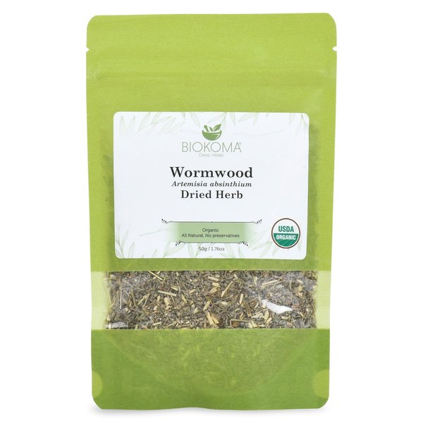Biokoma Pure and Organic Wormwood Dried Herb 50g (1.76oz) In Resealable Moisture Proof Pouch, USDA Certified Organic - Herbal Tea, No Additives, No Preservatives, No GMO