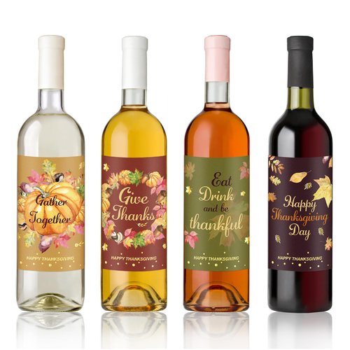 Gold Foil Thanksgiving Wine Bottle Label Stickers 54PCS Thanksgiving Party Wine Bottle Decorations Fall Wine Bottle Covers Harvest Party Supplies