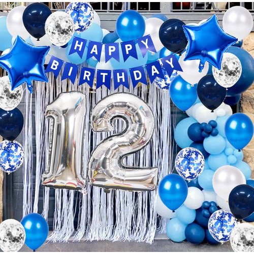 12th Birthday Party Decoration for Boys, Happy Birthday Banner Blue Number 12 Birthday Balloons 12th Birthday Latex Confetti Balloon for Boys Him Son 12 Years Old Birthday Decoration Supplies(12th)