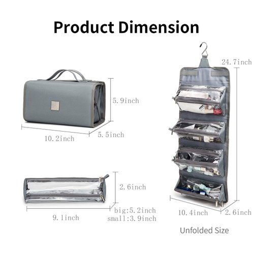 ROYALFAIR Roll Up Makeup Bag, Travel Toiletry Bag for Women with 4 Clear TSA Approved Pouches, Hanging Travel Organizer, Folding Cosmetic Bag for Men and Women (Grey)