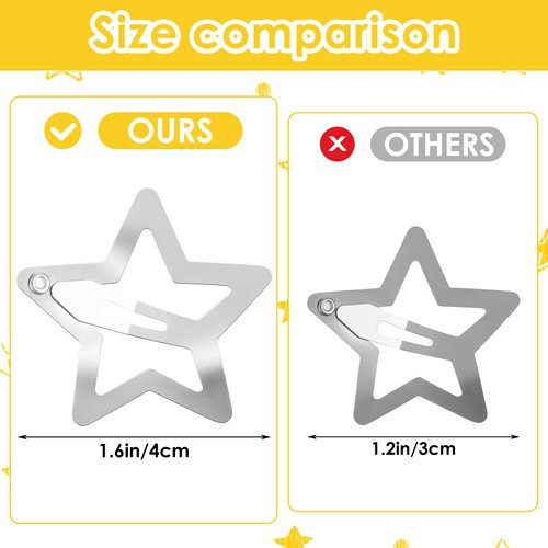 COMNICO 12 PCS 1.6" Star Hair Clips for Girls Non Slip Star Hair Barrettes Y2K Silver Metal Hair Accessories Kawaii Snap Kids Women Decoration Face Wash Clip Decoration
