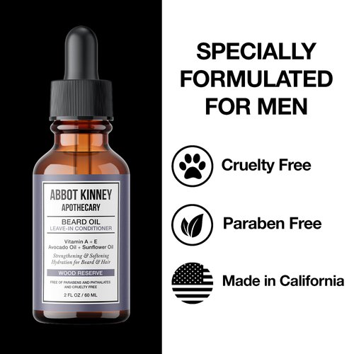 ABBOT KINNEY APOTHECARY Softening Beard Oil, Strengthens and Conditions Beards, Blend of Natural Oils, 2 oz (Wood Reserve)