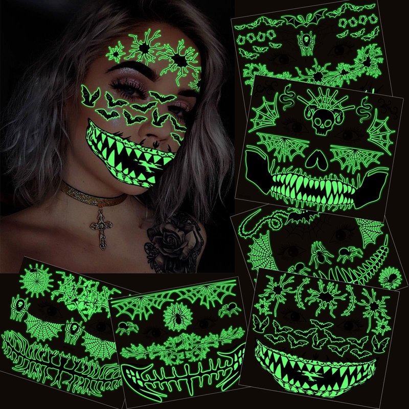 Grow in the Dark Scary Face Tattoos, Neon Sugar Skull Halloween Face ...