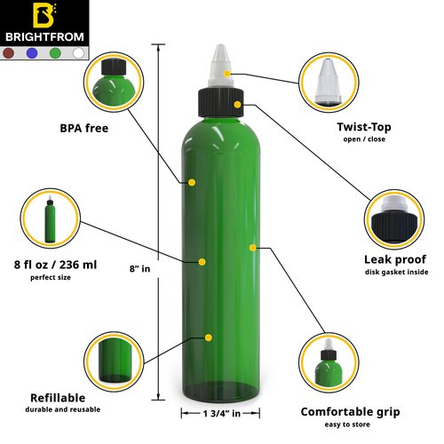 BRIGHTFROM Twist Top Applicator Bottles, 8 OZ Multicolored Squeeze Empty Plastic Bottles, Black Nozzle, BPA-Free, PET, Refillable, Open/Close Nozzle - Multi Purpose (4 Pieces)