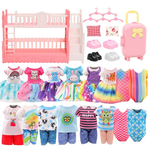 Miunana 24 Pcs Doll Clothes and Accessories 3 Princess Dresses 3 Sets Top and Pants 2 Swimsuits 4 Shoes Dollhouse Mini Bunk Bed Travel Suitcase with 2 Pillows, 5 Hangers for 5.3 Inch Girl Dolls