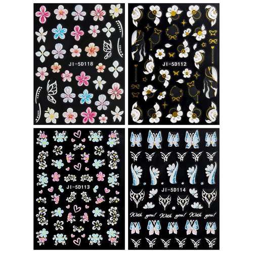 JMEOWIO 3D Embossed Flower Nail Art Stickers Decals Self-Adhesive Pegatinas Uñas 5D Spring Summer Colorful Floral White Line Nail Supplies Nail Art Design Decoration Accessories 4 Sheets