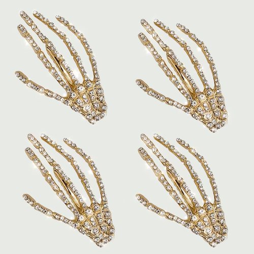 4Pcs Crystal Skeleton Hands Hair Clips Halloween Party Hair Decor Women Girls Hair Accessories, Gold