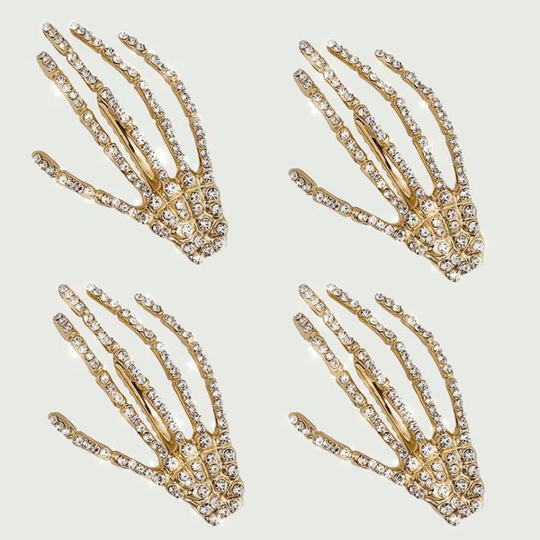 4Pcs Crystal Skeleton Hands Hair Clips Halloween Party Hair Decor Women Girls Hair Accessories, Gold