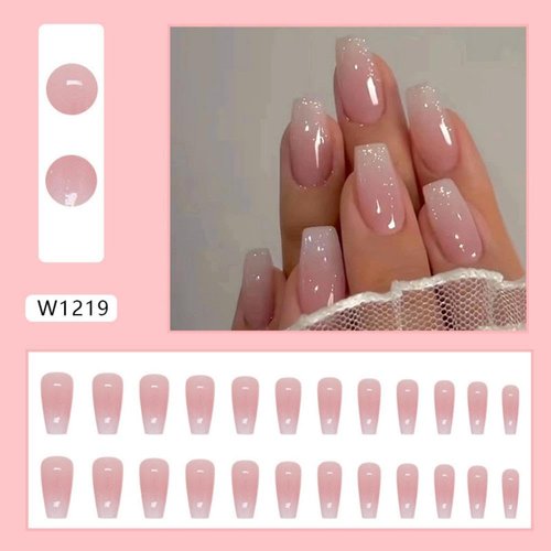 Pink Gradient Press on Nails Medium Square Fake Nails Pink Glue on nails Clear False Nails with Design Glitter Stick on Nails Upgrade Glossy Acrylic Nails for Women Girls Manicure 24pcs