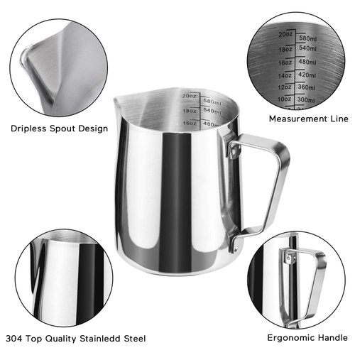 20oz Milk Frothing Pitcher, Stainless Steel Espresso Latte Cup Steaming Pitcher Creamer Cup, Milk Frother Cup Espresso Machine Accessories Barista Tools Jug for Coffee Cappuccino with Latte Art Pen
