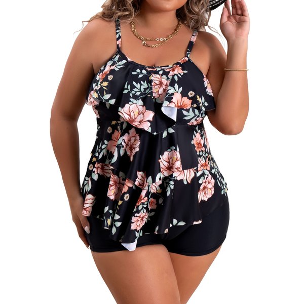 B2prity Women Plus Size Tankini Swimsuits Tummy Control Two Piece Bathing Suit Ruffled Flounce Swimwear with Shorts