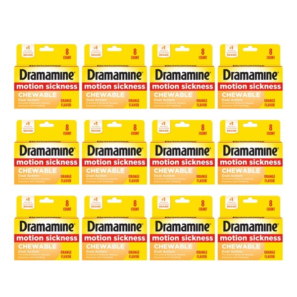 Dramamine Motion Sickness Relief, Chewable Orange Flavor, 8 Count (Pack of 12)