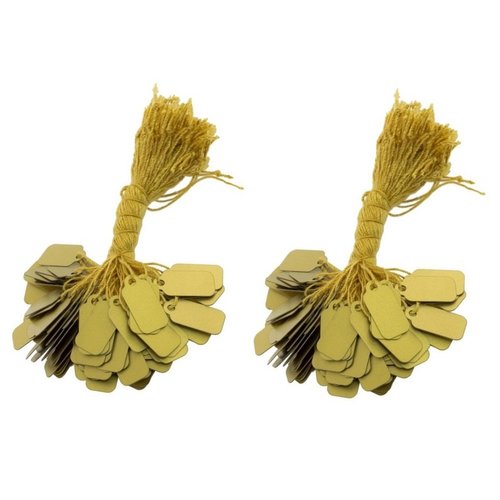 200 Pcs of Gold Plastic String Tags, Price Tags, Elegant Jewelry String Tags Perfect for Gifts or Business (7/8" x 3/8" (10mm x 22mm), Gold)