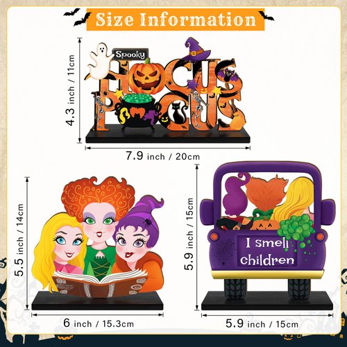 3 Pieces Hocus Pocus Halloween Table Sign Decorations, Halloween Witch Sisters Wooden Centerpiece Table Signs Truck I Smell Children for Kitchen Home Halloween Party Supplies